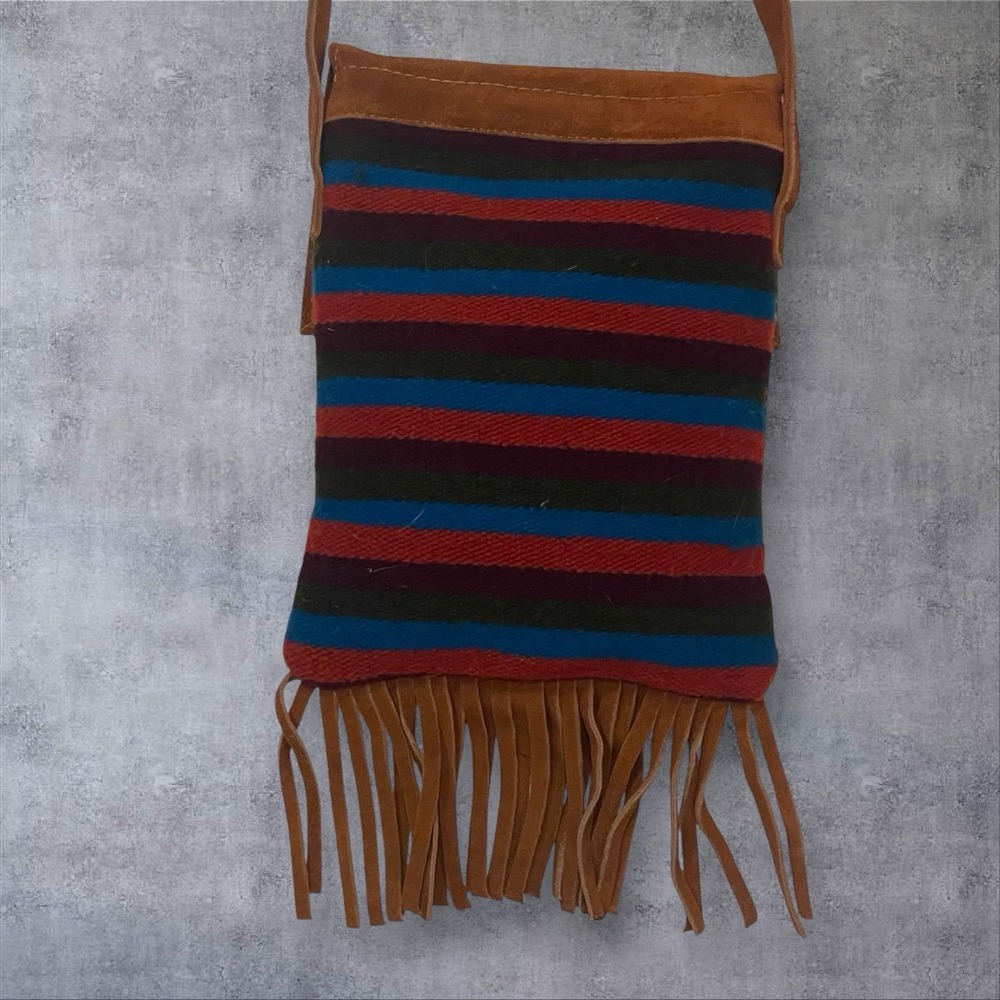 Wool And Leather Crossbody Blanket Shoulder Bag Aztec Southwestern Fringe Boho - Picture 2 of 8